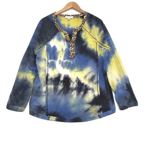 Umgee Tie Dye Mixed Print Long Sleeve Top Exposed Seam Tunic Blouse Plus Sz 1XL - Picture 1 of 12